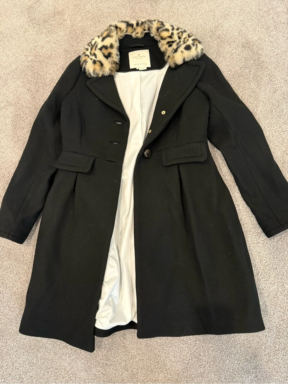 kate spade Black Wool Trench Coat with Leopard Faux-Fur Collar